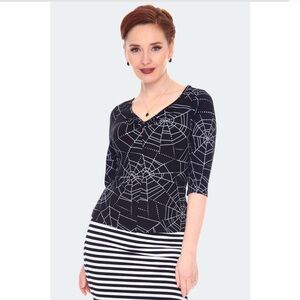 BNWT Voodoo Vixen Stretchy Spiderweb Print Stretch Jersey 3/4 Sleeve Top